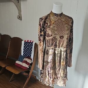 Soft Surroundings Tan Paisley Sheer Long Sleeves Tunic Dress Womens 6P Victorian